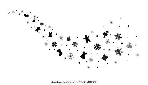Snowflakes and gifts border wave. Christmas and New Year pattern for background.  Design element for holiday greetings, invitation, banner, poster.  Black silhouette.  Isolation.  Vector illustration