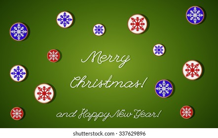 Snowflakes ginger bread greeting card in flat style on gradient background