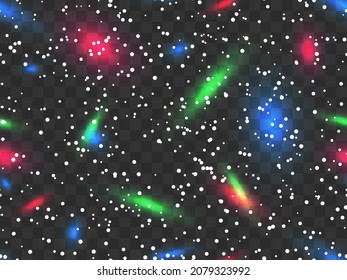 Snowflakes with glowing light on a transparent background. Christmas background with glowing lights. Design template for your banner, poster, and greeting cards. Vector illustration