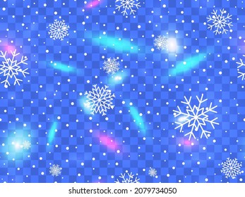 Snowflakes with glowing light on a transparent background. Christmas background with glowing lights. Design template for your banner, poster, and greeting cards. Vector illustration