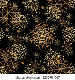Snowflakes with gold. Christmas festive pattern on black night background. Winter. Snowstorm. Vector image.