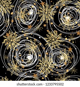 Snowflakes with gold. Christmas festive seamless pattern on black night background. Winter. Snowstorm. Vector image.