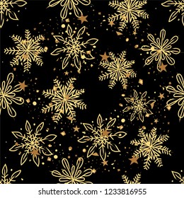 Snowflakes with gold. Christmas festive seamless pattern on black night background. Winter. Snowstorm. Vector image.