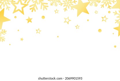 Snowflakes gold frame. Glitter border for greeting card or web. Christmas decoration. Golden stars and elements. Winter poster template with festive elements. Vector illustration.