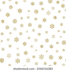 Snowflakes with golden glitter isolated on white background. Seamless pattern