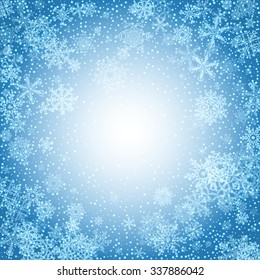 Snowflakes gradient background. Geometric natural flakes shapes elements. Greetings banner winter holiday. Vector EPS10.