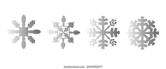 Conjunto de gradiente de ruido de grano de copos de nieve. Elementos de hielo de gradación granulados de invierno simples. Símbolos de Navidades de escamas de nieve de aerógrafo. Vector simple Formas congeladas de medio tono ilustración de silueta.
