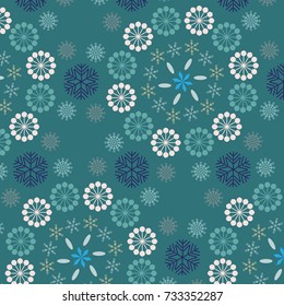 Snowflakes in green and grey. seamless vector geometric pattern of various shapes of snowflakes arranged in floral structure over a dark green background