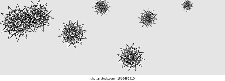 Snowflakes Grey Christmas Horizontal Composition. Dark Ornamental Stars Santa Mandala Illustration. New Year Chaotic Silver Black Holiday Sky Background. Horizontal Night Winter Print Snow Pattern.