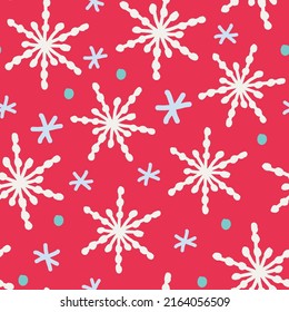 Snowflakes with hand drawn doodles pattern. Christmas colorful seamless vector illustration, festive winter background