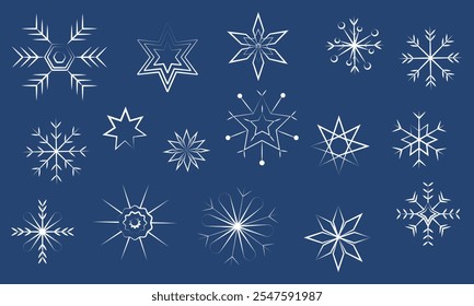 Los copos de nieve se dibujan a mano con la herramienta de la pluma. conjunto de copos de nieve blancos sobre un fondo azul