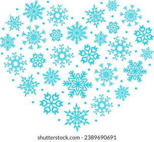 Snowflakes in heart shape. Winter decorations. Symbol of snowflakes.  Merry Christmas vector illustration.