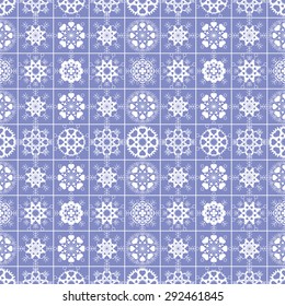 Snowflakes, heart view seamless pattern. Winter, Christmas, Valentine day, birthday texture. Stylized ornament with heart signs on lilac, violet background. Vector illustration.