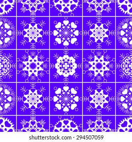 Snowflakes, heart view seamless pattern. Winter, Christmas, Valentine day, birthday texture. Stylized unusual white ornament with heart signs on violet, blue background. Vector illustration.
