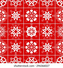 Snowflakes, heart view seamless pattern. Winter, Christmas, Valentine day, birthday texture. Stylized unusual white ornament with heart signs on red, maroon, brick red background. Vector illustration.