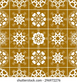 Snowflakes, heart view seamless pattern. Winter, Christmas, Valentine day, birthday texture. Stylized, unusual, white ornament with heart signs on gold, yellow background. Vector illustration.