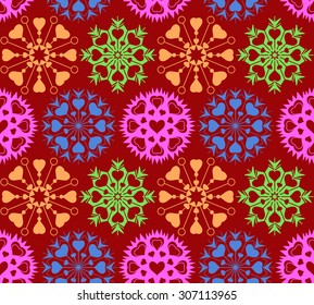 Snowflakes, heart view seamless pattern. Winter, Christmas, Valentine day, birthday texture. Stylized unusual colored ornaments with heart signs on red background. Vector illustration.