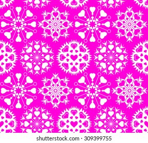 Snowflakes, heart view seamless pattern. Winter, Christmas, Valentine day, birthday texture. Stylized unusual white ornament with heart signs on magenta background. Vector illustration. Snowflakes, heart view seamless pattern. Winter, Christmas, Valentine day, birthday texture. Stylized unusual white ornament with heart signs on magenta background. Vector illustration.