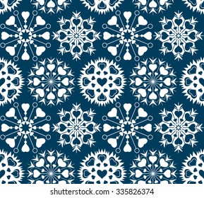 Snowflakes, heart view seamless pattern. Winter, Christmas, Valentine day, birthday texture. Stylized unusual white ornament with heart signs on dark blue background. Vector illustration.