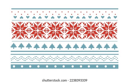 Snowflakes and hearts, decorative elements in red and blue.