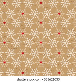 Snowflakes with hearts pattern on kraft paper background in hipster style. Pattern for Valentine's Day. Gift wrapping paper design.