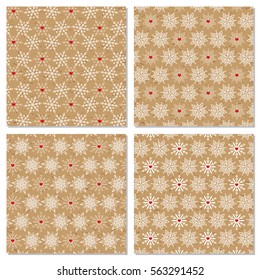 Snowflakes with hearts pattern set on kraft paper background in hipster style. Pattern set for Valentine's Day. Gift wrapping paper design.