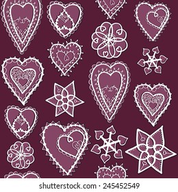 Snowflakes and hearts of snowflakes pattern. Valentine's Day. Bordo style. Winter.