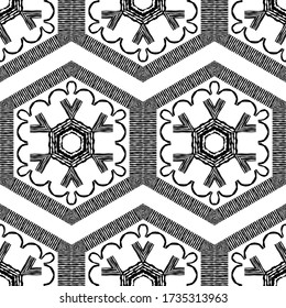 Snowflakes and Hexagons. Design with manual hatching. Ethnic boho ornament. Seamless background. Tribal motif. Vector illustration for web design or print.