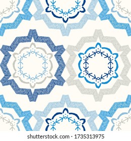 Snowflakes and Hexagons. Design with manual hatching. Ethnic boho ornament. Seamless background. Tribal motif. Vector illustration for web design or print.