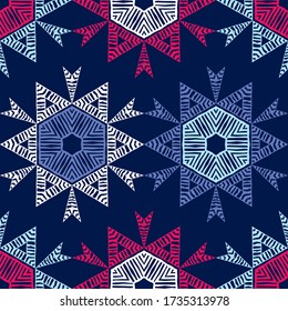 Snowflakes and Hexagons. Design with manual hatching. Ethnic boho ornament. Seamless background. Tribal motif. Vector illustration for web design or print.