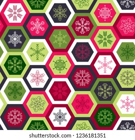 Snowflakes in hexagons seamless pattern. Geometric Christmas pattern in retro style. Vector background for fabric, wallpaper, advertising posters, children's prints, gift wrapping and paper, napkins