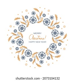 Snowflakes. Holly branch, berries, leaves in a Christmas wreath, frame on an isolated white background. Festive greeting card, poster. Christmas wreath on door. Vector illustration. 