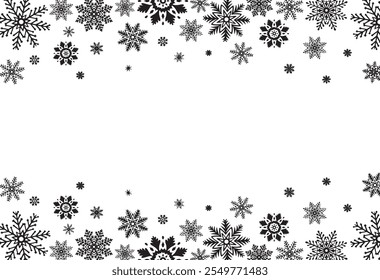 Schneeflocken horizontaler Rahmen. Vorlage Postkarte mit Kopienraum. Vektorgrafik für Weihnachten oder Neujahr. Eissterne für Winterurlaub Design. Isoliertes Clipart für Webdesign, Druck, Verkauf