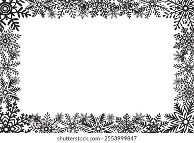 Marco Horizontal de copos de nieve. Postal de Plantilla con espacio de copia. Ilustración gráfica de Vector para Navidades o Año Nuevo. Estrellas de hielo para el diseño de vacaciones de invierno. Clipart aislado para el Diseño web, impresión, venta