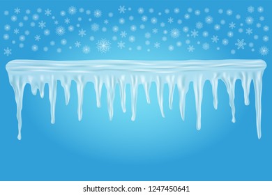 Snowflakes and Icicles with ice caps on blue background. Winter season. Christmas and New Year time. Vector illustration. Design element.