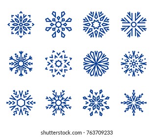 Snowflakes icon collection 2. Blue snowflakes on a white background. Graphic vector ornament.