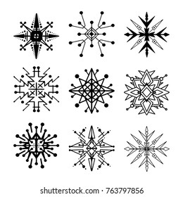 Snowflakes icon collection. Graphic vector ornament. Black snowflakes on a white background