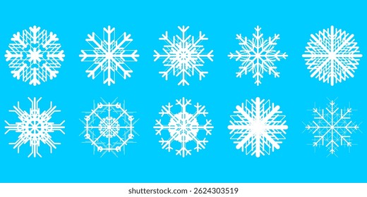 El icono de los copos de nieve presenta copos de nieve delicados y simétricos, que simbolizan el invierno, el frío y la singularidad. Estos copos de nieve añaden un toque helado, ya que cada diseño de copos de nieve brilla con encanto helado. Vector.