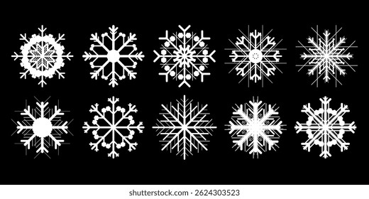 El icono de los copos de nieve presenta copos de nieve delicados y simétricos, que simbolizan el invierno, el frío y la singularidad. Estos copos de nieve añaden un toque helado, ya que cada diseño de copos de nieve brilla con encanto helado. Vector.