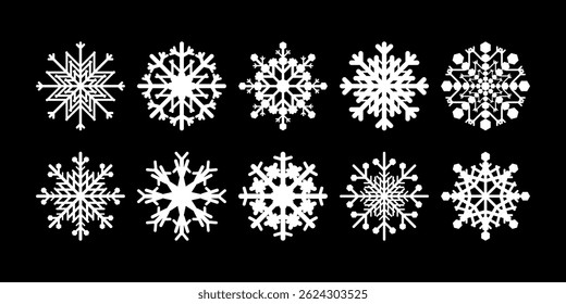 El icono de los copos de nieve presenta copos de nieve delicados y simétricos, que simbolizan el invierno, el frío y la singularidad. Estos copos de nieve añaden un toque helado, ya que cada diseño de copos de nieve brilla con encanto helado. Vector.