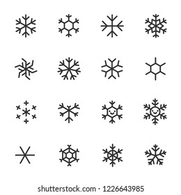 Snowflakes, icon set. Different shapes, linear icons. Line with editable stroke