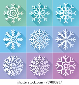 Snowflakes icon set in flat style on color background. Ice crystal. Vector winter design element for you Christmas and New Year's projects