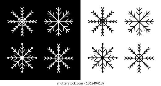 Snowflakes icon set. Four white black snowflake. Merry Christmas. Happy New Year decoration sign symbol. Xmas paper craft. Snow flake. Frozen star shape. Winter background, Isolated Flat design Vector