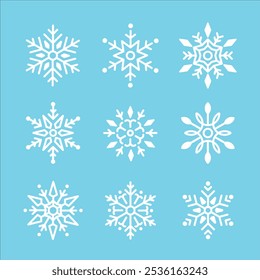 Conjunto de iconos de copos de nieve. Señal de nieve. Plantilla de copos de nieve. Invierno de copo de nieve. Iconos de copos de nieve. Icono de invierno. Colección del copo de nieve. Ilustración vectorial. Gráfico de Vector. 