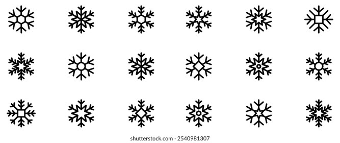 Conjunto de ícones de flocos de neve. Sinal de neve. Modelo de flocos de neve. Inverno em floco de neve. Ícones de flocos de neve. Ícone de inverno. Coleção de flocos de neve. Ilustração de vetor. Gráfico vetorial. EPS 10