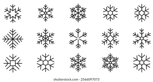 Snowflakes icon set. Snowflake simple black line icons. Christmas snow icons. Snowflake collection. Vector snow black color. Winter icon. Vector Illustration. 