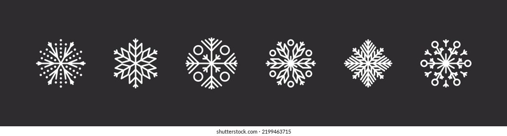 Juego de iconos de copos de nieve. Copos de nieve blancos en un fondo oscuro. Señales de Navidad. Hermosas señales de copos de nieve. Ilustración del vector