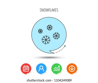 Snowflakes icon. Snow sign. Air conditioning symbol. Calendar, User and Business Chart, Download arrow icons. Speech bubbles with flat signs. Vector