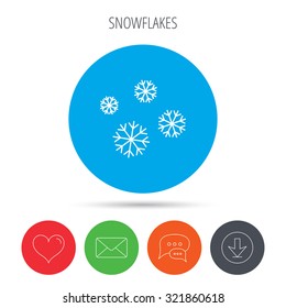 Snowflakes icon. Snow sign. Air conditioning symbol. Mail, download and speech bubble buttons. Like symbol. Vector