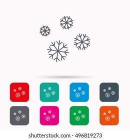 Snowflakes icon. Snow sign. Air conditioning symbol. Linear icons in squares on white background. Flat web symbols. Vector